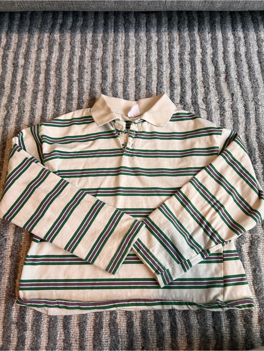 Zara Cream Long-Sleeve Polo with Green & Black Stripes
